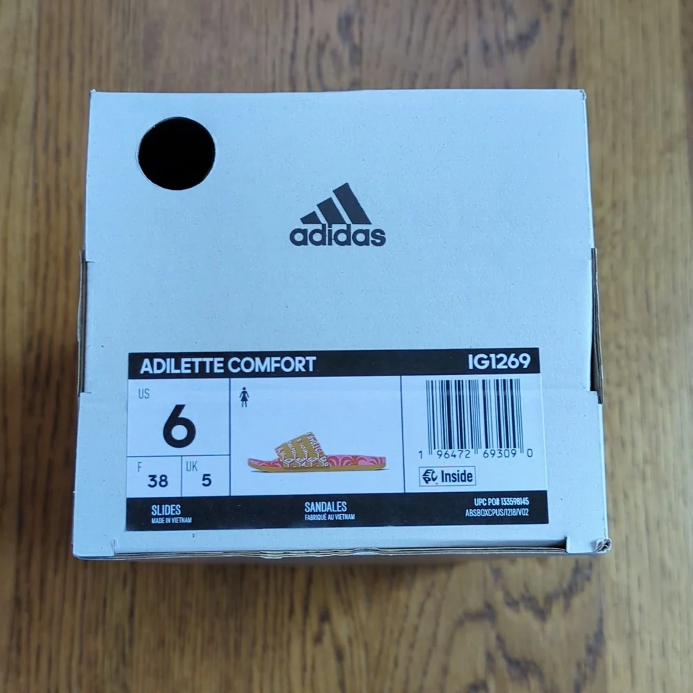 NIB FARM Rio Logo Slide Sandals Adidas Collab Womens Size 6 Pink Abstract Floral
